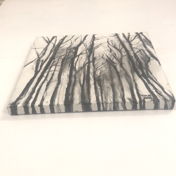 Art painting wall decor tree landscape black & white acrylic canvas 12x12 inches - Picture 2 of 6